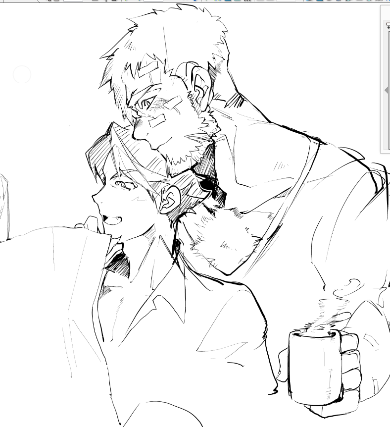2boys, bandaid, beard, chest_hair, coffee_mug, coffee_talk, cup, dress_shirt