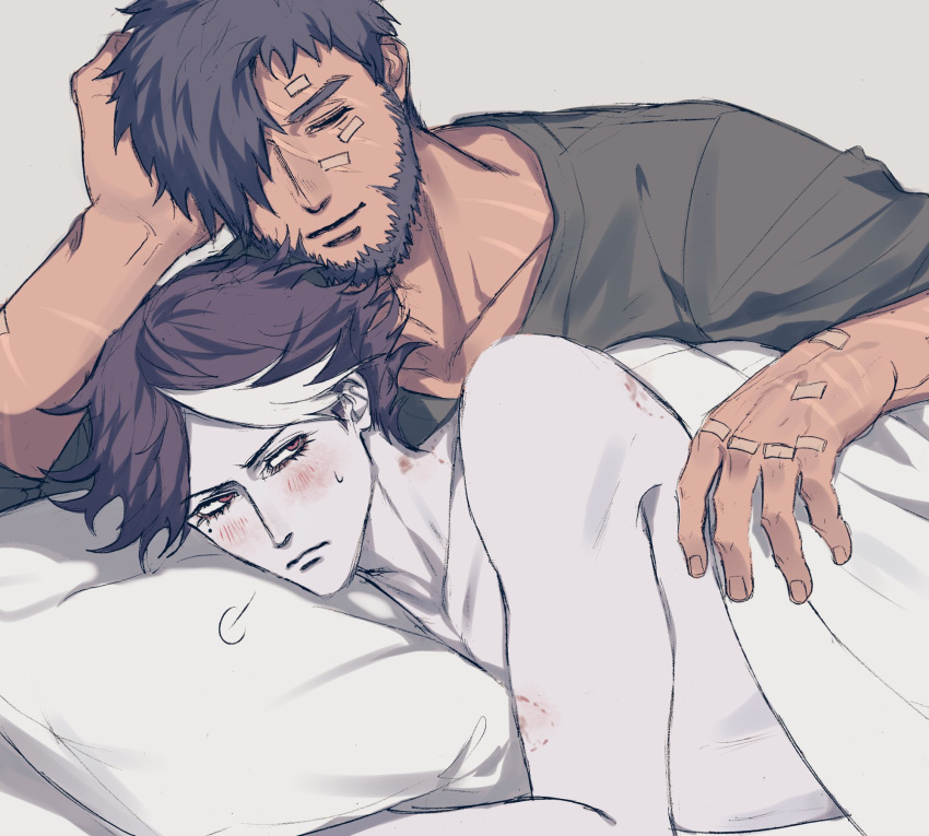 2boys, =3, bandaid, beard, bed, bed_sheet, bite_mark, black_hair