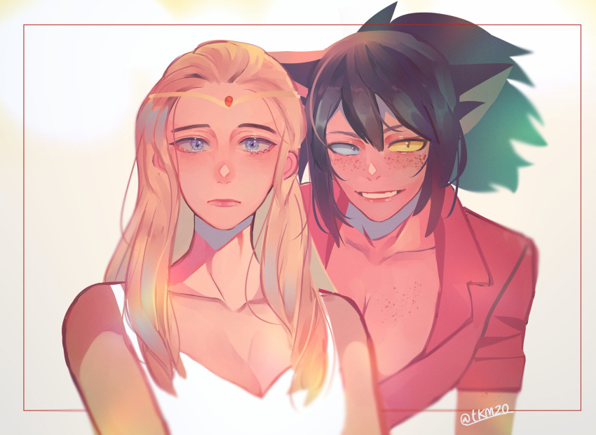 2girls, adora_(she-ra), animal_ears, blonde_hair, brown_hair, cat_ears, catra, freckles