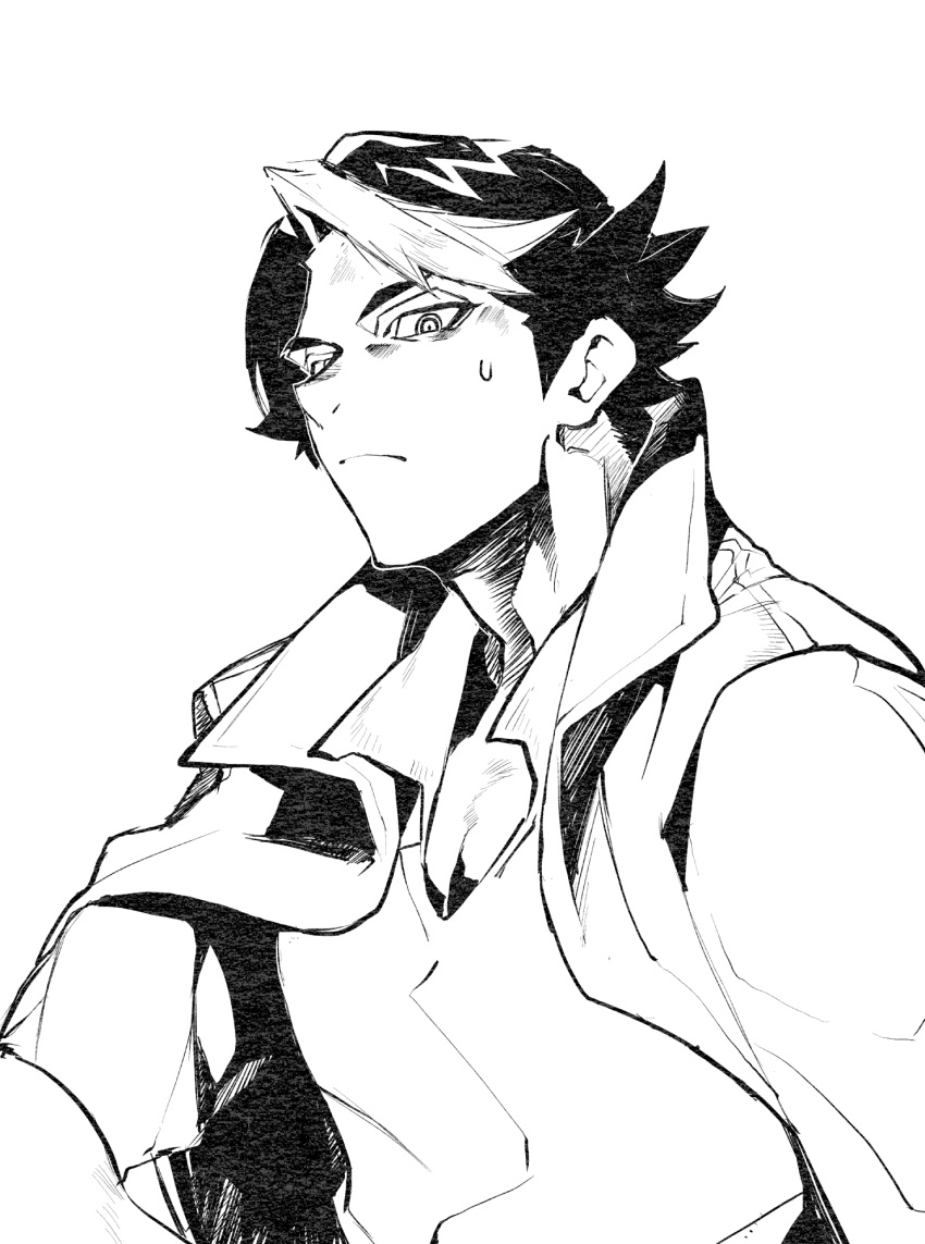 black_hair, coffee_talk, from_below, greyscale, highres, hyde_(coffee_talk), jacket_on_shoulders, monochrome