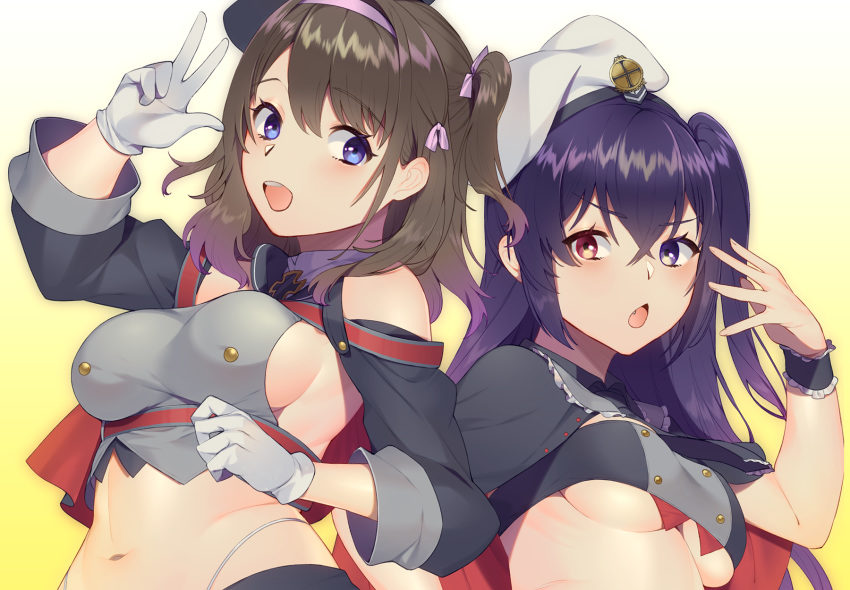 2girls, :d, azur_lane, back-to-back, bangs, beret, black_capelet, blue_eyes