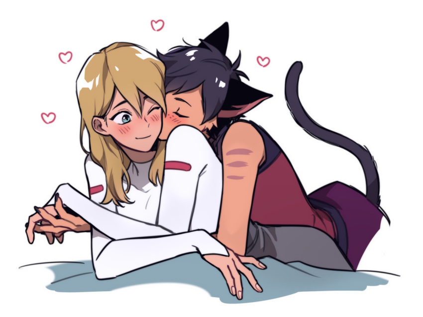 2girls, adora_(she-ra), animal_ears, bare_arms, blonde_hair, blue_eyes, blush, brown_hair