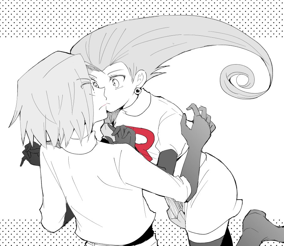1boy, 1girl, accidental_kiss, atsumi_yoshioka, greyscale, kiss, kojirou_(pokemon), monochrome