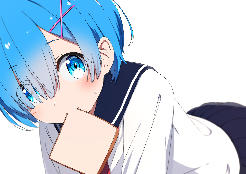 1girl, all_fours, alternate_costume, black_sailor_collar, black_skirt, blue_eyes, blue_hair, closed_mouth