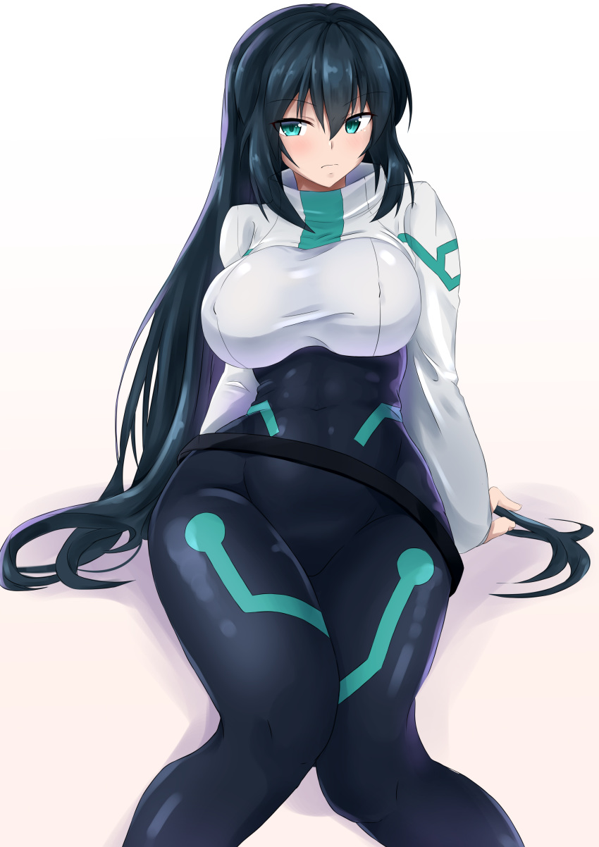 1girl, absurdres, aqua_eyes, black_bodysuit, black_hair, blush, bodysuit, bodysuit_under_clothes, breasts, closed_mouth, covered_navel, covered_nipples, gundam, gundam_build_divers, gundam_build_divers_re:rise, highres, large_breasts, long_hair, looking_at_viewer, may_(gundam_build_divers_re:rise), shiny, shiny_clothes, shiny_hair, shiny_skin, shrug_(clothing), sitting, solo, ume_tetu