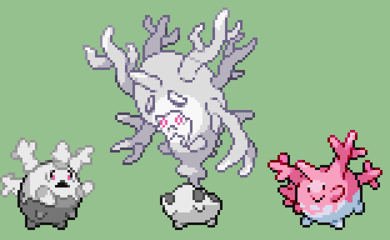 black_eyes, closed_mouth, commentary_request, corsola, creature, cursola, frown, full_body