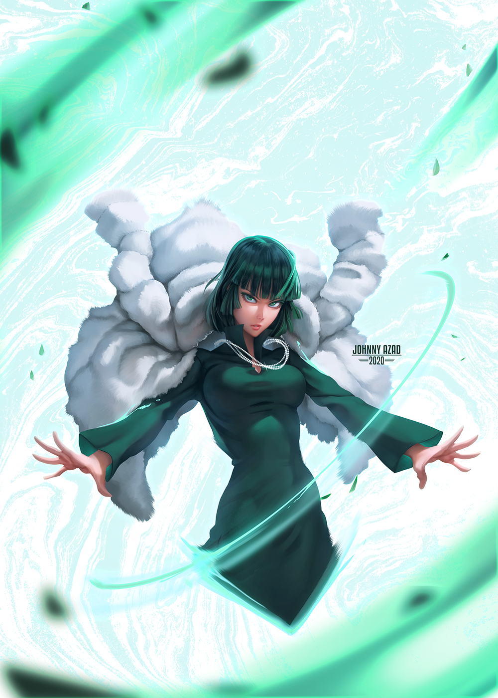 1girl, bangs, breasts, dress, fubuki_(one-punch_man), green_dress, green_eyes, green_hair