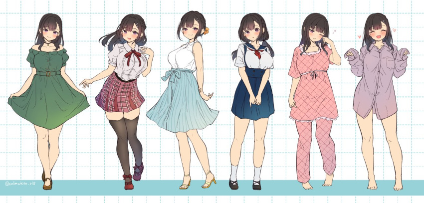 6+girls, :d, :o, argyle_print, arms_behind_back, bangs, bare_arms, bare_shoulders, barefoot, belt, black_footwear, black_legwear, blue_sailor_collar, blue_skirt, blunt_bangs, blush, bottomless, braid, breasts, brown_footwear, brown_hair, bubble, calm_mashiro, checkered, checkered_background, checkered_skirt, choker, closed_eyes, closed_mouth, collarbone, collared_shirt, crown_braid, dress, dress_shirt, eyebrows_visible_through_hair, floating_hair, frills, green_belt, green_dress, hair_ornament, hairpin, half-closed_eyes, hand_up, hands_together, heart, high-waist_skirt, high_heels, large_breasts, long_hair, long_sleeves, looking_at_viewer, low_twintails, mary_janes, miniskirt, multiple_girls, multiple_persona, naked_shirt, neck_ribbon, neckerchief, off-shoulder_dress, off_shoulder, one_eye_closed, open_mouth, open_toe_shoes, original, oversized_clothes, pajamas, parted_bangs, pink_pajamas, pleated_skirt, puffy_short_sleeves, puffy_sleeves, purple_shirt, red_footwear, red_neckwear, ribbon, rubbing_eyes, sailor_collar, school_uniform, serafuku, shirt, shoes, short_sleeves, sidelocks, skirt, skirt_hold, sleepy, sleeveless, sleeveless_shirt, sleeves_past_fingers, sleeves_past_wrists, smile, socks, standing, strappy_heels, thigh-highs, tied_hair, translated, twintails, twitter_username, violet_eyes, white_legwear, white_shirt, wing_collar
