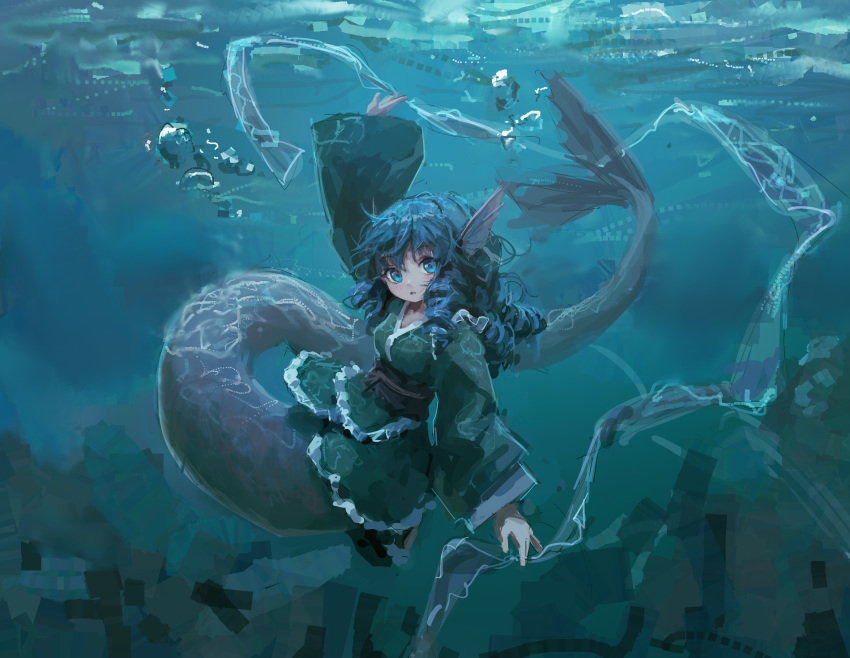 1girl, arm_up, bangs, blue_eyes, blue_hair, drill_hair, drill_locks, frilled_kimono, frills, full_body, green_kimono, head_fins, highres, japanese_clothes, kimono, long_sleeves, mermaid, monster_girl, obi, parted_lips, reddizen, sash, shawl, solo, submerged, swimming, touhou, underwater, wakasagihime, water, wide_sleeves