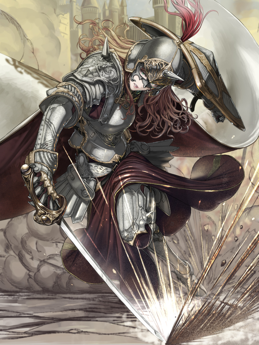 1girl, armor, armored_boots, blue_eyes, boots, breastplate, brown_hair, cape