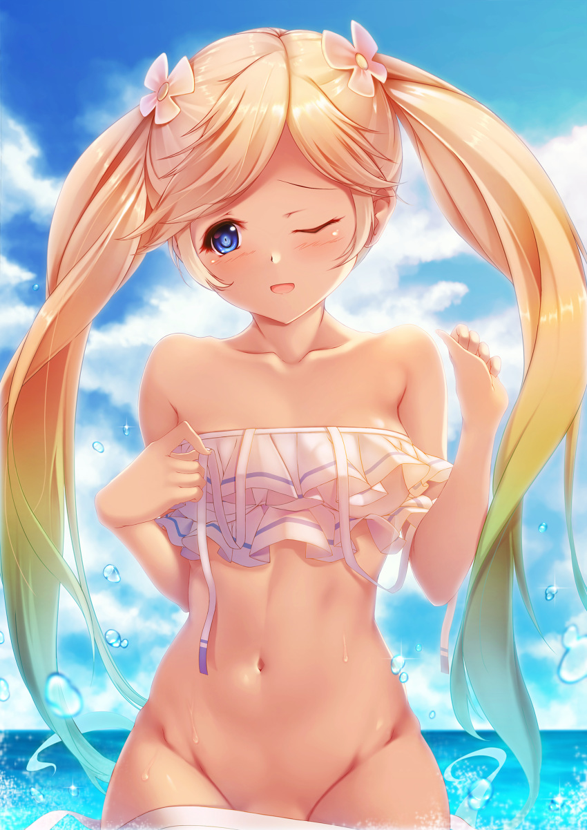 1girl, bangs, bikini, blonde_hair, blue_eyes, blue_sky, blush, breasts