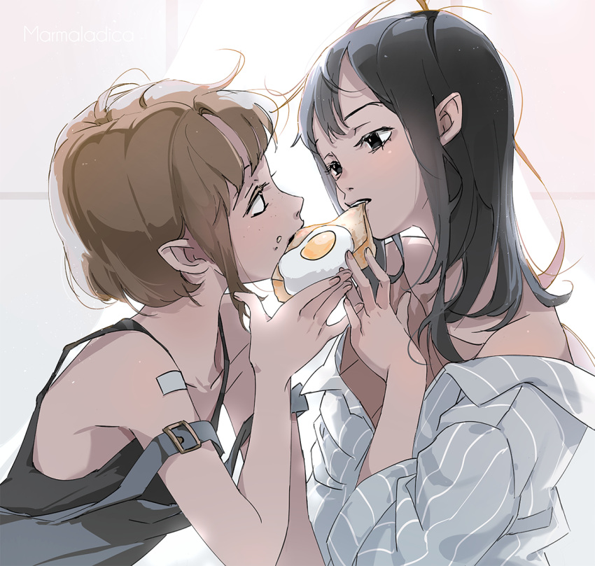 2girls, artist_name, bandaid, bangs, bare_arms, bare_shoulders, black_eyes, black_hair, black_tank_top, brown_hair, commentary_request, eye_contact, food, food_in_mouth, food_on_face, freckles, fried_egg, from_side, long_hair, looking_at_another, marmalade_(elfless_vanilla), messy_hair, mouth_hold, multiple_girls, original, overalls, pajamas, shared_food, short_hair, striped, sunny_side_up_egg, tank_top, toast, toast_in_mouth, upper_body, vertical_stripes, yuri