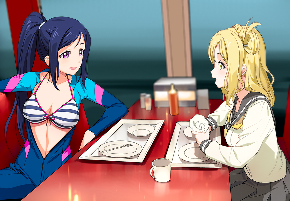 2girls, a1, bikini, bikini_top, center_opening, diving_suit, love_live!, love_live!_sunshine!!