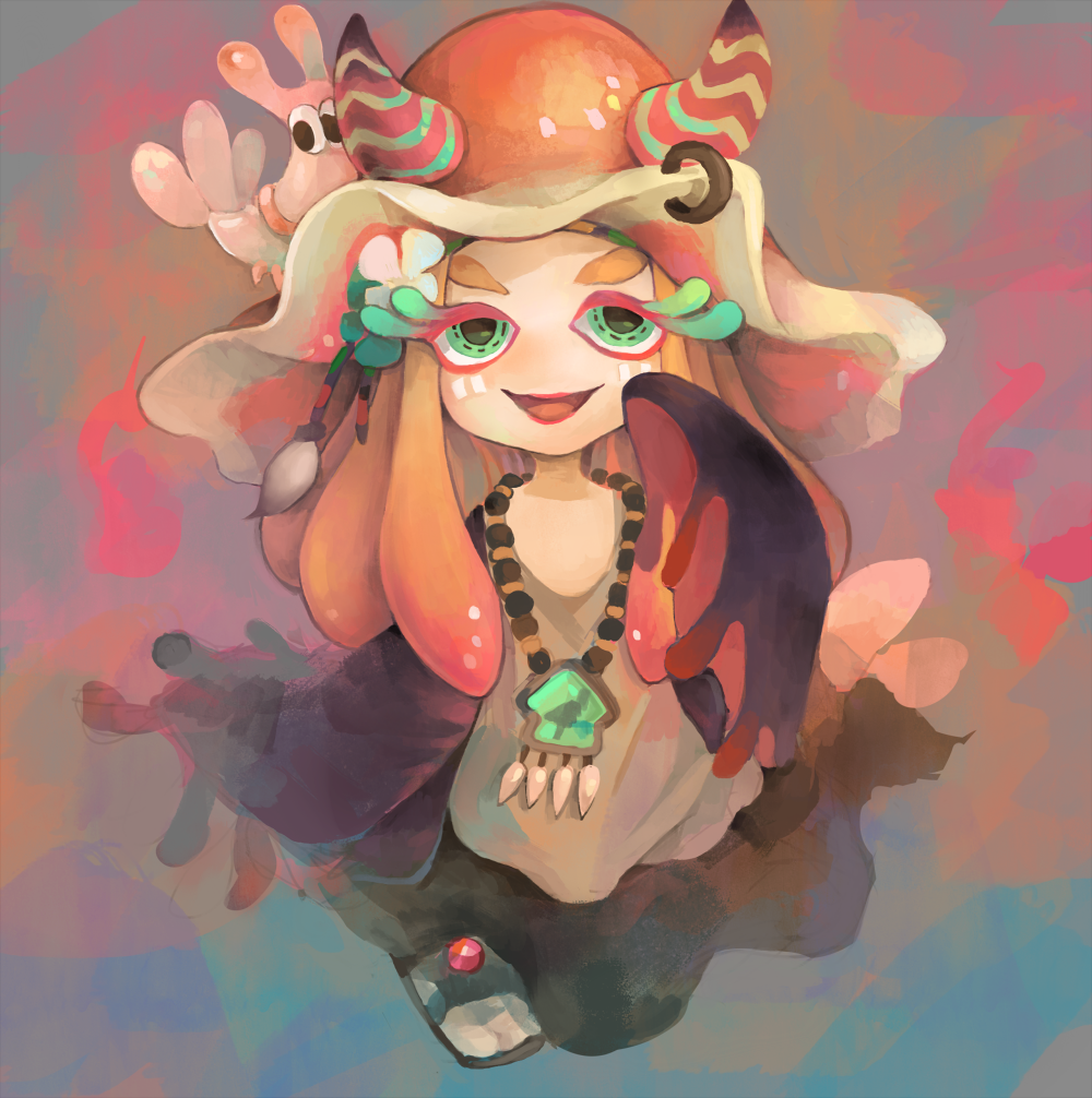 1girl, :d, antennae, aqua_eyes, black_skirt, ebii_(splatoon), eyelashes, facial_mark