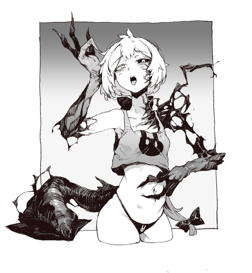 1girl, black_sclera, bow, breasts, crop_top, cropped_legs, fewer_digits, greyscale, hair_bow, highres, karasu_raven, kupaa, long_hair, looking_at_viewer, low-tied_long_hair, low_ponytail, mismatched_sclera, monochrome, monster_girl, navel, open_mouth, original, panties, small_breasts, solo, spread_navel, tail, tank_top, tongue, tongue_out, underwear
