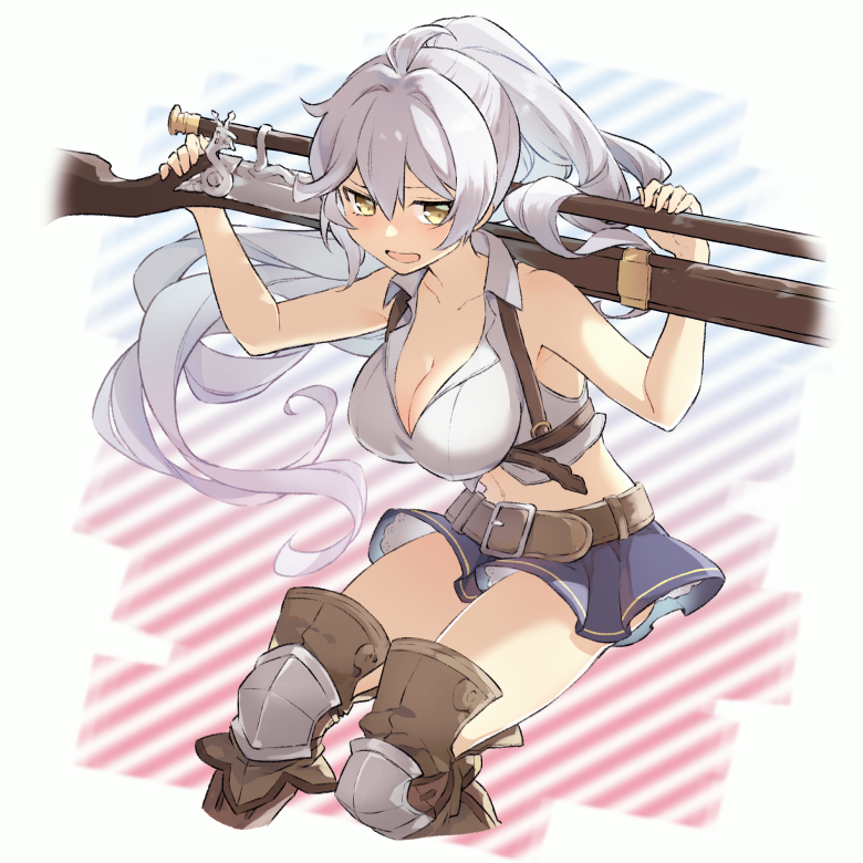 1girl, belt, boots, breasts, commentary, granblue_fantasy, gun, large_breasts