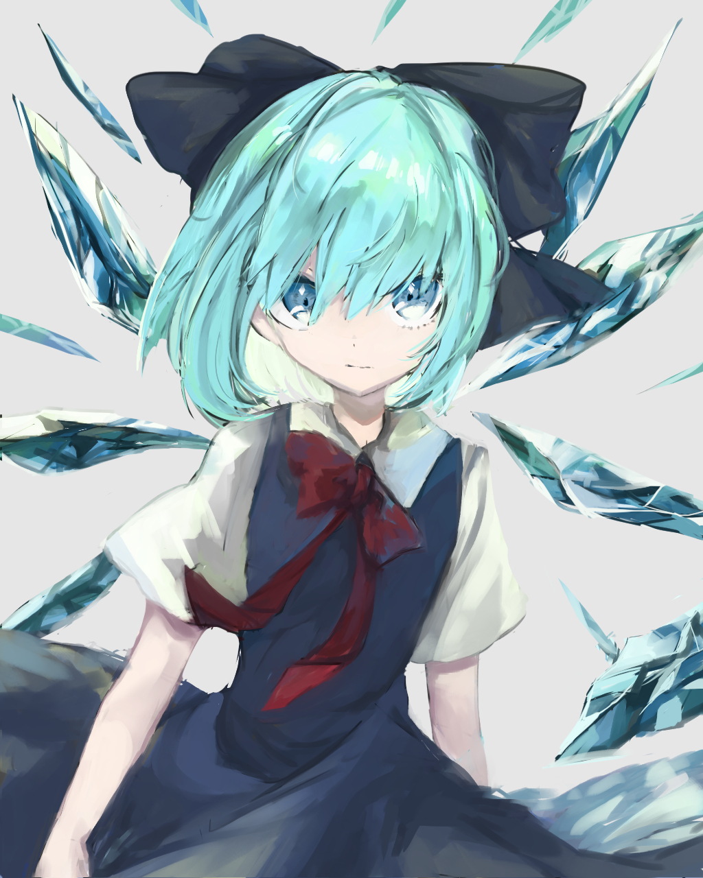 1girl, aqua_hair, bangs, black_bow, blue_dress, blue_eyes, bow, bowtie, cirno, closed_mouth, collar, collared_dress, dress, fairy, grey_background, hair_bow, highres, ice, ice_wings, looking_at_viewer, red_bow, red_neckwear, short_hair, short_sleeves, simple_background, solo, standing, touhou, tsukikusa, wings