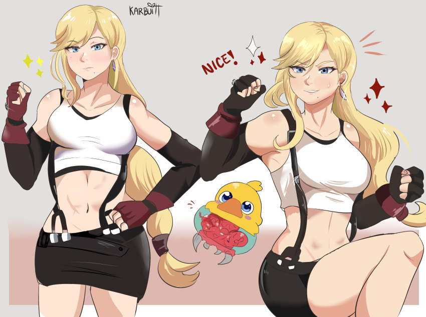 1girl, absurdres, artist_name, bangs, bare_shoulders, belt, black_miniskirt, blonde_hair, blue_eyes, breasts, chocobo, chocobo_(cosplay), clenched_hand, closed_mouth, collarbone, commentary, cosplay, crossover, earrings, elbow_gloves, eyebrows_visible_through_hair, fighting_stance, final_fantasy, final_fantasy_vii, fingerless_gloves, gloves, highres, jewelry, karbuitt, lips, long_hair, looking_at_viewer, low-tied_long_hair, metroid, metroid_(creature), midriff, miniskirt, mole, navel, red_gloves, samus_aran, skirt, smile, standing, stomach, suspender_skirt, suspenders, tank_top, thighs, tied_hair, tifa_lockhart, tifa_lockhart_(cosplay), white_tank_top