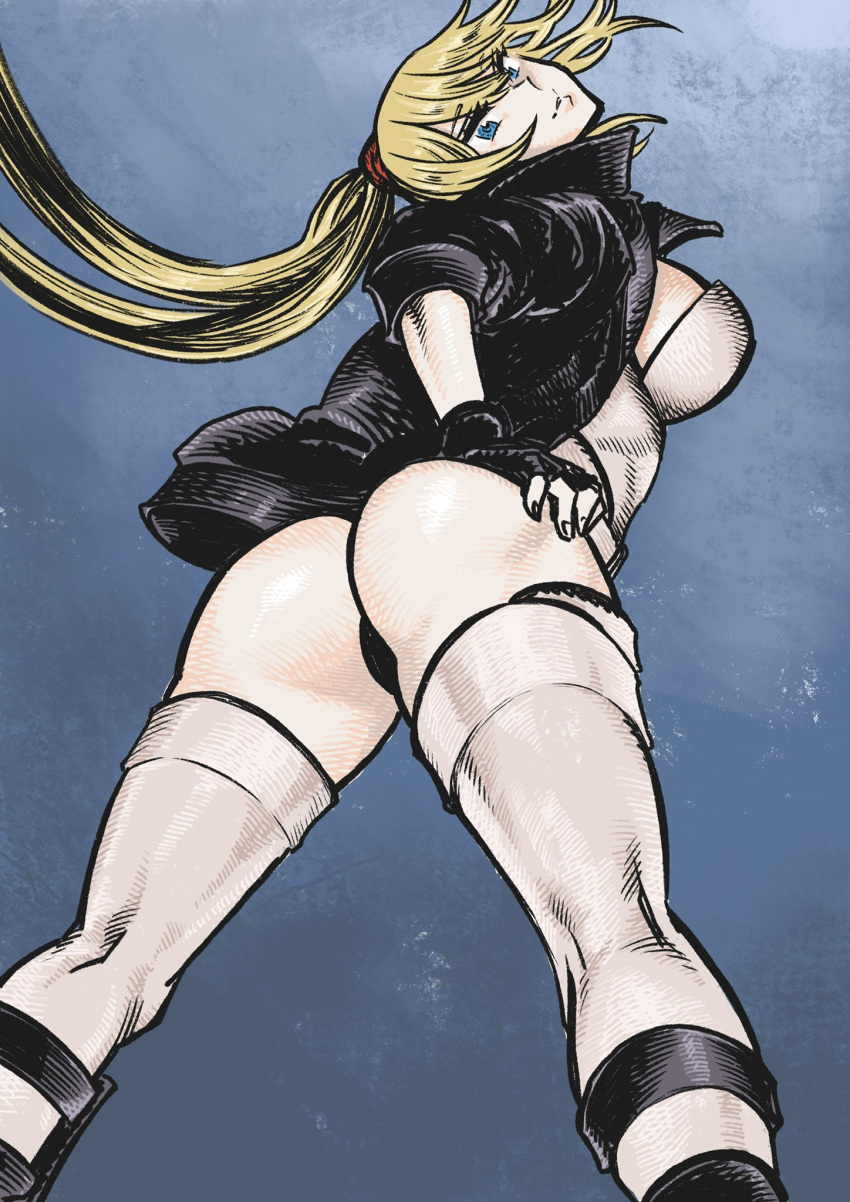 1girl, ass, back, belt, black_gloves, black_jacket, blonde_hair, blue_eyes