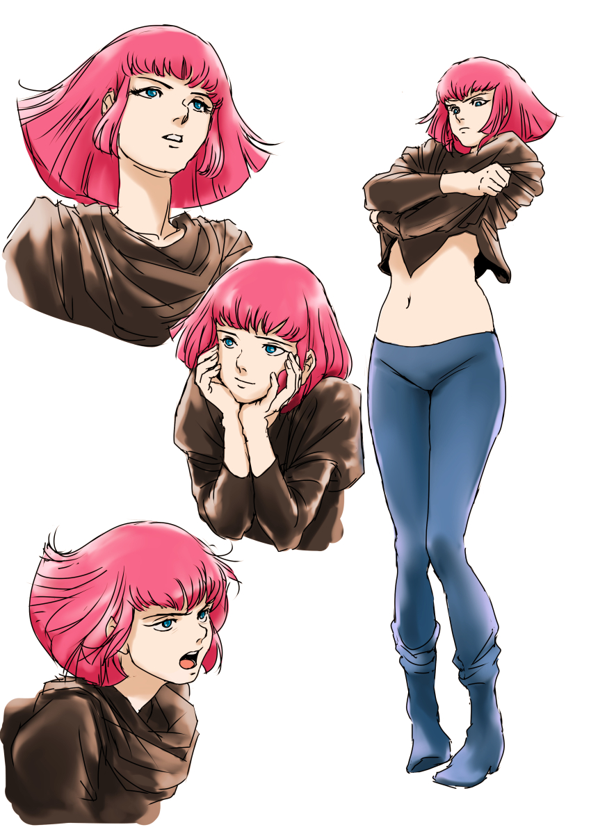 1girl, blue_eyes, closed_mouth, gundam, haman_karn, highres, navel, pink_hair