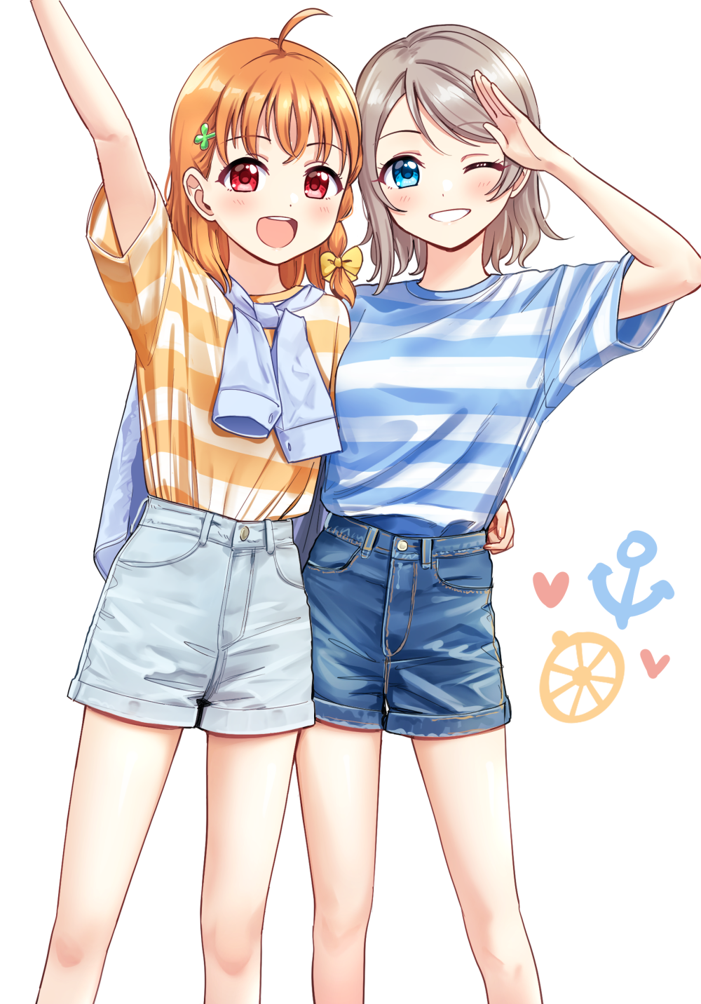 2girls, :d, anchor_symbol, antenna_hair, arm_around_waist, arm_up, bangs, blue_eyes