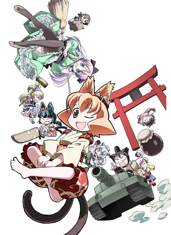 animal_ears, barefoot, broom, cat_tail, cat_tails, caterpillar_tracks, feet, gonta_(nekogami_yaoyorozu)