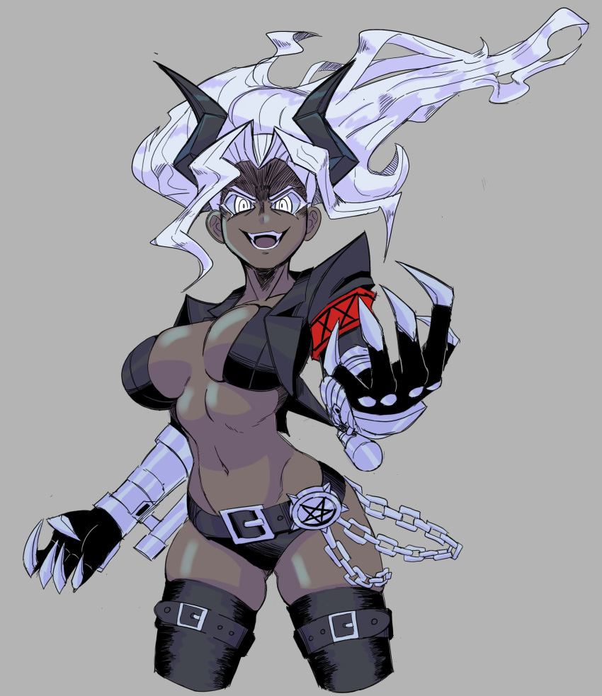 1girl, absurdres, armband, bangs, belt, black_bra, black_horns, black_jacket, black_legwear, black_panties, black_tail, bra, breasts, chain, chef033, dark_skin, demon_girl, demon_horns, demon_tail, gauntlets, grey_background, helltaker, highres, horns, huge_breasts, jacket, judgement_(helltaker), large_breasts, looking_at_viewer, looking_up, monster_girl, navel, panties, ponytail, simple_background, solo, tail, thigh-highs, underwear, very_dark_skin, white_eyes, white_hair