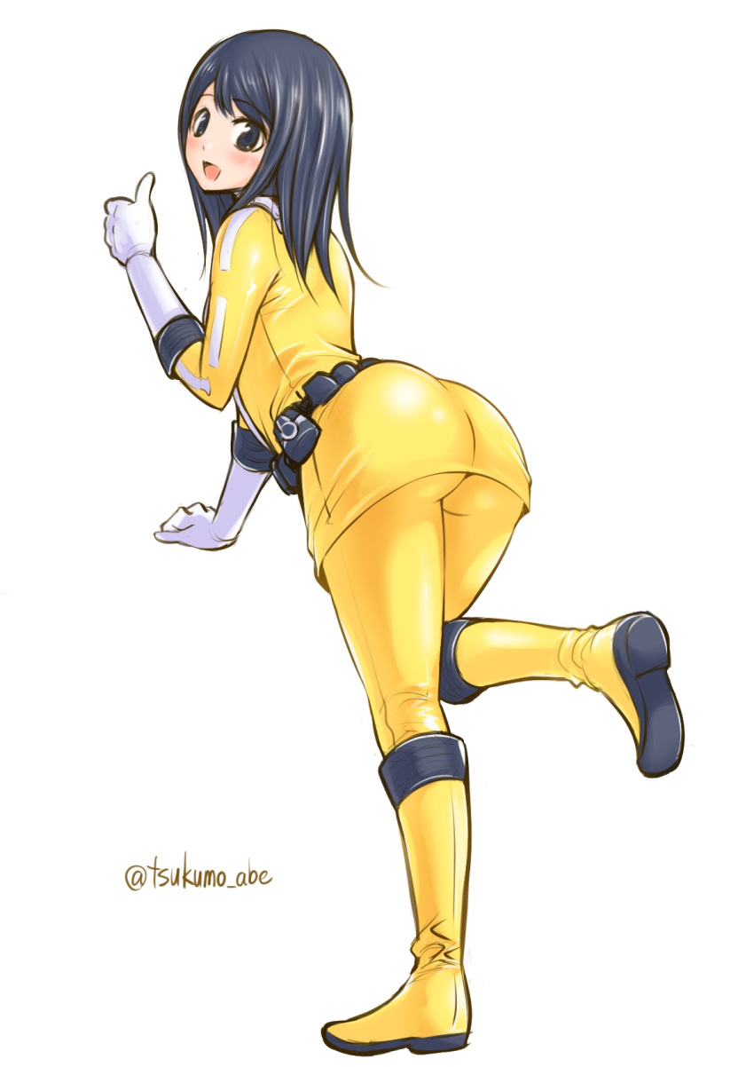 1girl, abe_tsukumo, ass, bodysuit, breasts, engine_sentai_go-onger, gloves, go-on_yellow, highres, long_hair, looking_at_viewer, no_headwear, no_helmet, open_mouth, rouyama_saki, simple_background, smile, solo, super_sentai, thumbs_up, white_background, yellow_bodysuit