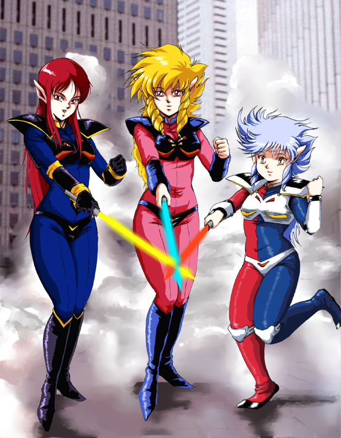 1980s_(style), 3girls, armor, black_armor, blonde_hair, blue_bodysuit, blue_hair, bodysuit