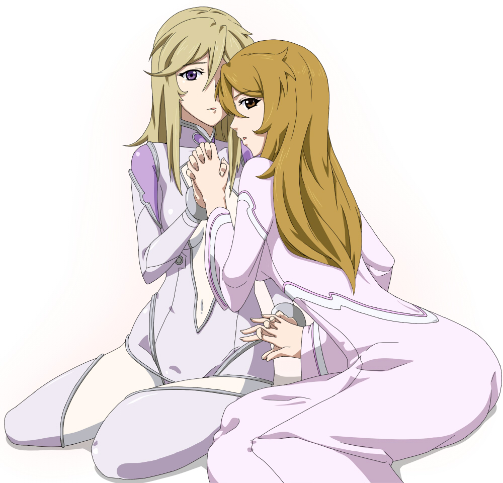 2girls, ass, blonde_hair, bodysuit, breasts, brown_hair, holding_hands, long_hair, looking_at_viewer, mori_yuki, multiple_girls, open_mouth, ribonzu, simple_background, skin_tight, uchuu_senkan_yamato, uchuu_senkan_yamato_2199, violet_eyes, white_background, yurisha_iscandar
