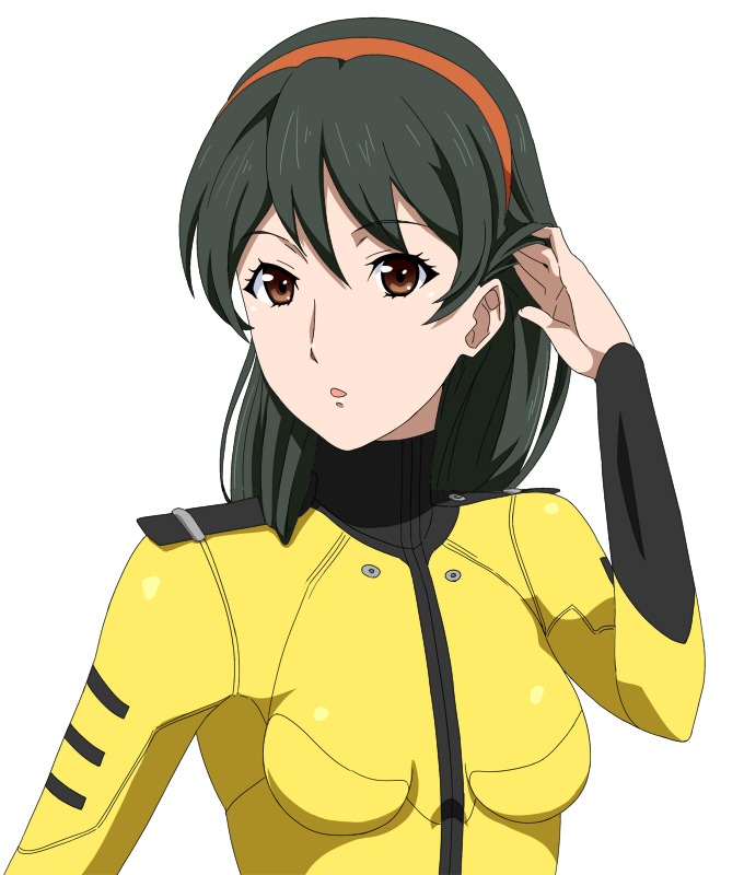 1girl, black_hair, bodysuit, breasts, brown_eyes, hairband, medium_hair, open_mouth