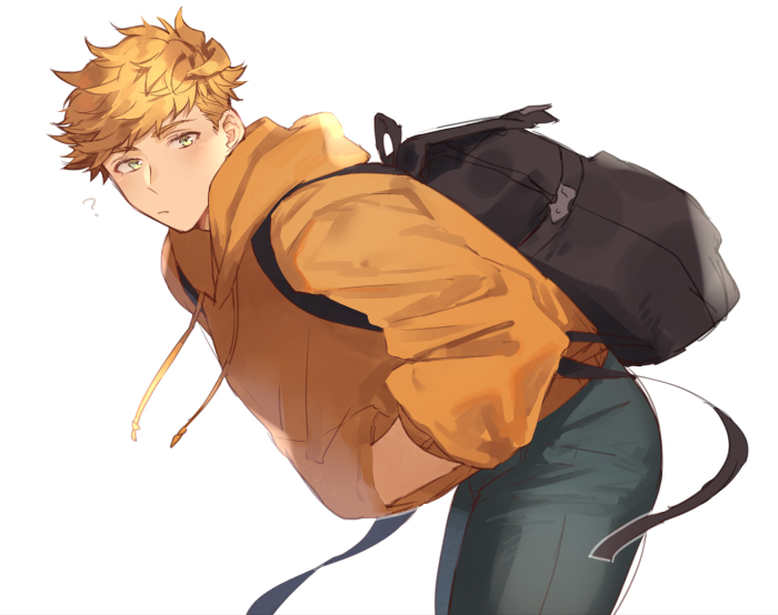 1boy, ?, backpack, bag, bangs, bara, blonde_hair, blush