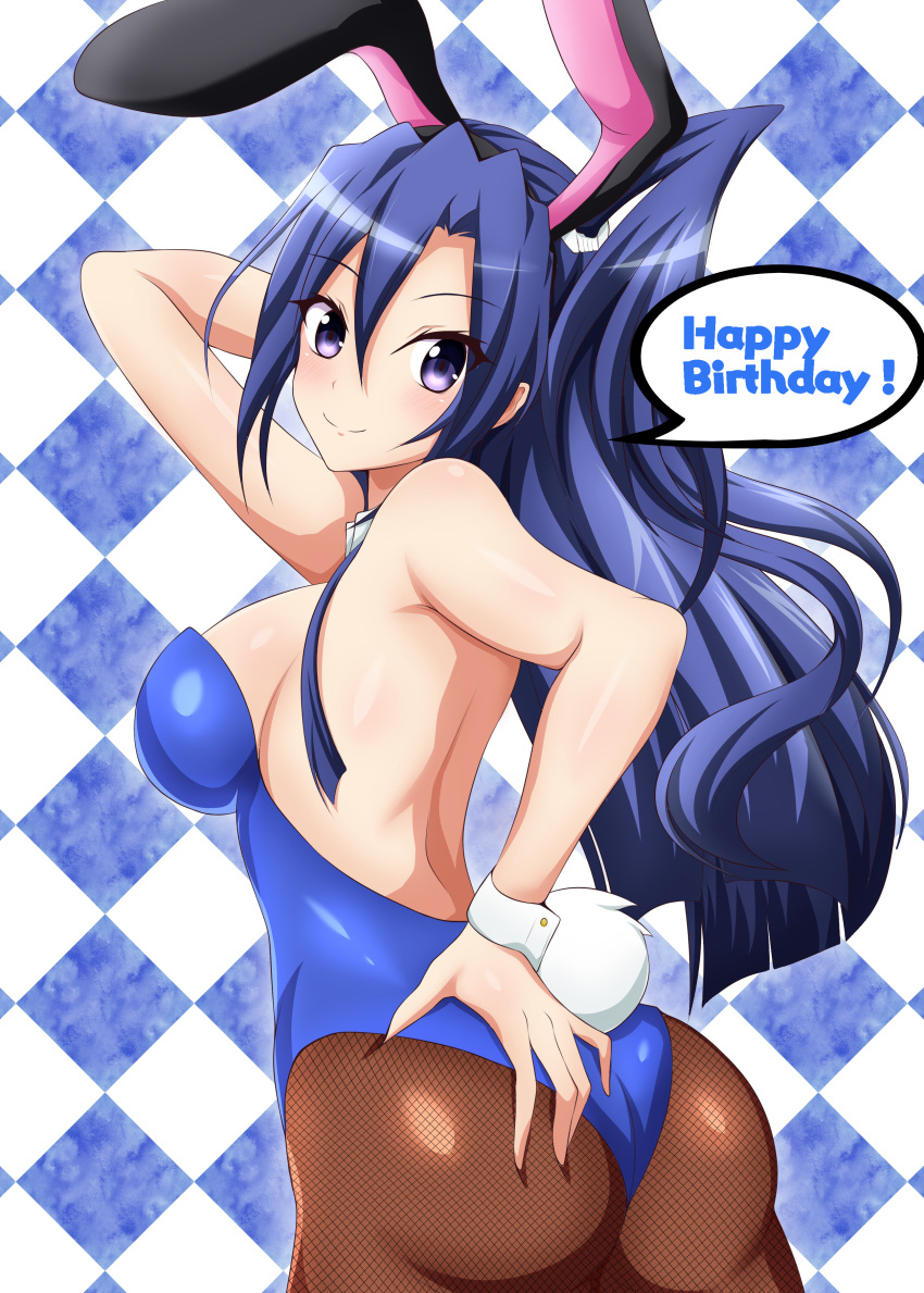 1girl, absurdres, animal_ears, ass, ass_grab, blue_hair, blue_leotard, breasts, bunny_girl, bunny_tail, bunnysuit, deep_skin, detached_collar, fake_animal_ears, fishnet_legwear, fishnets, from_behind, gdgdxd96, grabbing_own_ass, highres, kazanari_tsubasa, leotard, long_hair, looking_at_viewer, looking_back, medium_breasts, pantyhose, rabbit_ears, senki_zesshou_symphogear, shiny, shiny_hair, solo, standing, strapless, strapless_leotard, tail, violet_eyes, wrist_cuffs