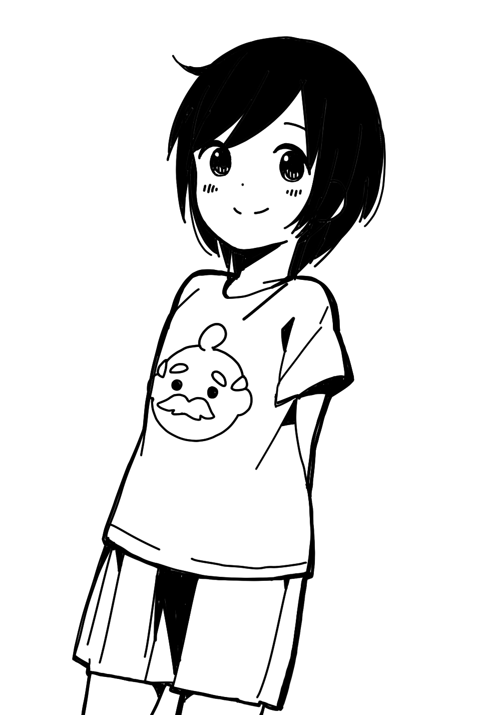1girl, alternate_hair_length, alternate_hairstyle, arms_behind_back, black_hair, blush, character_print, commentary_request