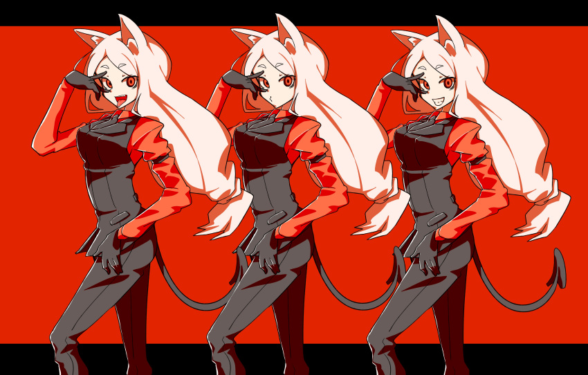 3girls, :d, absurdres, animal_ears, black_gloves, black_legwear, black_neckwear, black_pants, black_suit, black_tail, black_vest, breasts, cerberus_(helltaker), collared_shirt, demon_girl, demon_tail, dog_ears, dog_girl, eyebrows_visible_through_hair, formal, gloves, helltaker, highres, holding_hands, jinkou-kuu, long_hair, looking_at_viewer, matching_outfit, medium_breasts, monster_girl, multiple_girls, necktie, neckwear, open_mouth, pants, pose, red_eyes, red_shirt, shirt, siblings, silver_hair, simple_background, sisters, small_breasts, smile, standing, suit, tail, tongue, tongue_out, triplets, v, very_long_hair, vest
