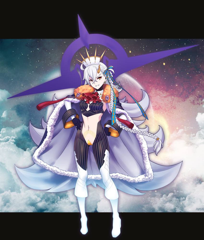 1girl, ahoge, braid, breasts, cape, cheekbones, cloak, craft_essence