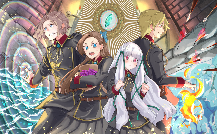 2boys, 2girls, :o, arrow_(projectile), belt, black_pants, blonde_hair, blue_bow