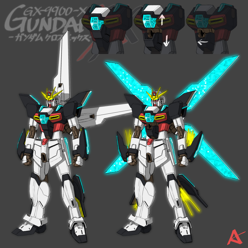 after_war_gundam_x, beam_rifle, blue_eyes, clenched_hand, energy_gun, glowing, glowing_wings, grey_background
