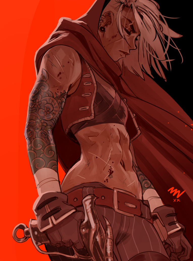 1girl, abs, arm_tattoo, backlighting, black_gloves, cloak, closed_eyes, commentary, commission, dark_skin, ear_piercing, earrings, english_commentary, finger_on_trigger, flat_chest, gloves, gun, holding, holding_gun, holding_weapon, hood, hood_up, hooded_cloak, jewelry, mike_nesbitt, mohawk, muscle, muscular_female, navel, piercing, plug_(piercing), red_background, red_cloak, red_hood, sal_the_cacophony, sarashi, scar, seven_blades_in_black, solo, tattoo, vest, weapon, white_hair