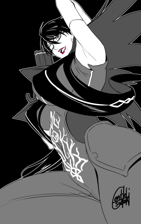 1girl, arm_up, armpits, bayonetta, bayonetta_(character), bayonetta_2, black_background, black_hair