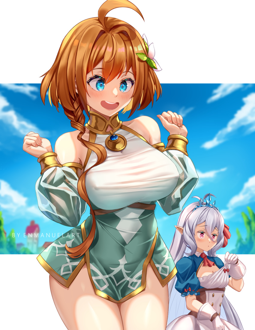 2girls, :d, absurdres, ahoge, alternate_hair_length, alternate_hairstyle, artist_name, bangs