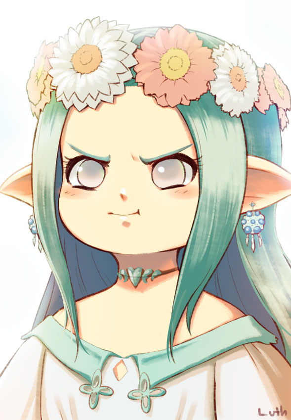 1girl, :t, blush, closed_mouth, commentary, commission, dress, earrings