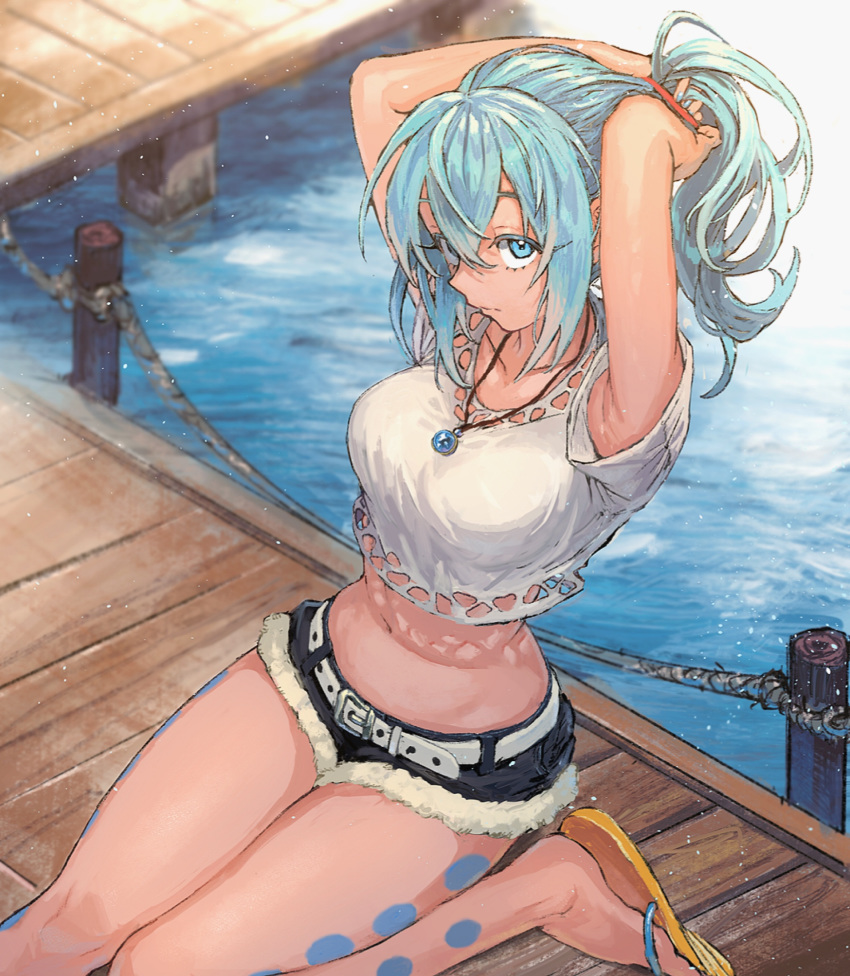 1girl, bangs, belt, blue_eyes, blue_hair, crop_top, flip-flops, fur_trim, hair_between_eyes, highres, jewelry, midriff, necklace, original, ponytail, rabbit_monster, sandals, shirt, short_shorts, shorts, sitting, solo, tying_hair, water, white_shirt