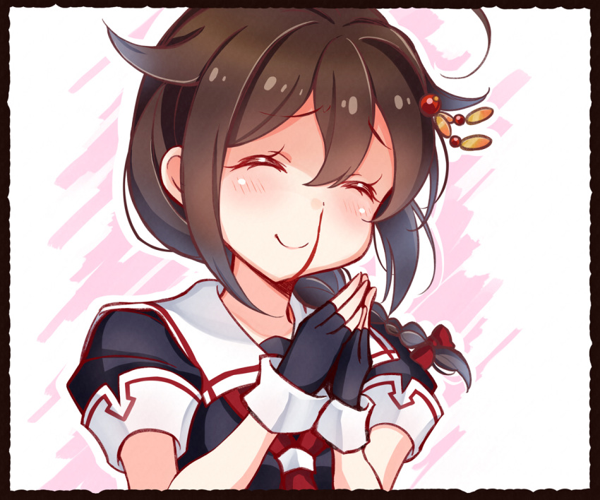 ^_^, ahoge, black_gloves, black_serafuku, blood, blue_eyes, blush, braid