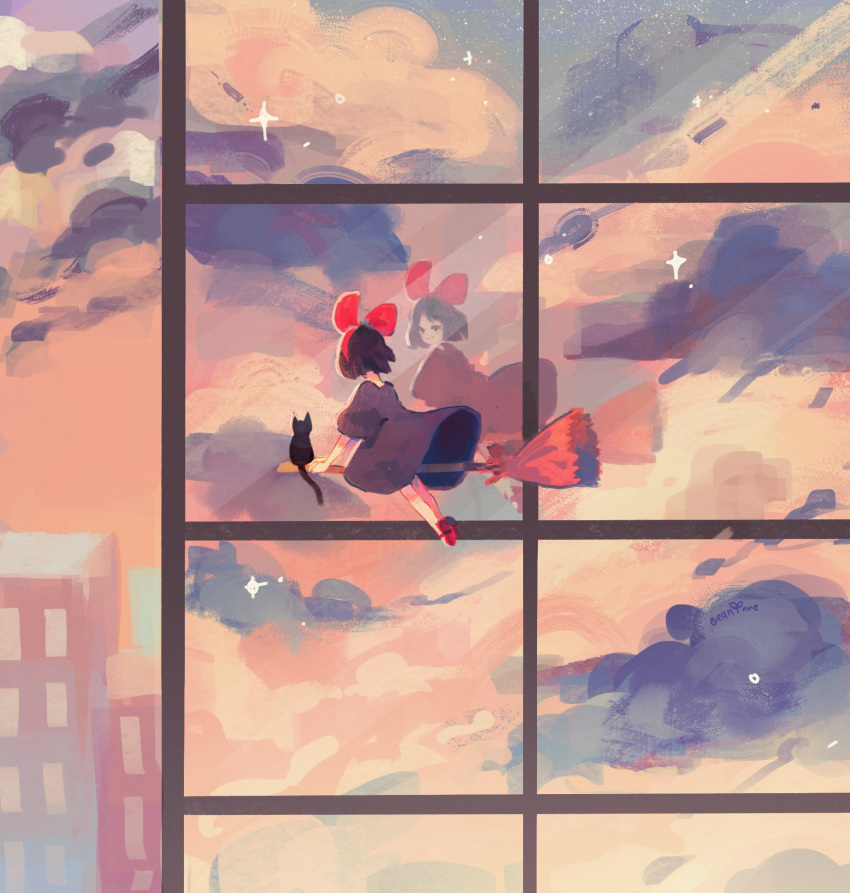 1girl, artist_name, beanynne, black_cat, black_dress, black_hair, broom, cat, closed_mouth, clouds, cloudy_sky, dress, flying, from_behind, highres, kiki, looking_away, majo_no_takkyuubin, red_footwear, reflection, shoes, short_hair, sky, smile, sparkle, star, star_(sky), witch
