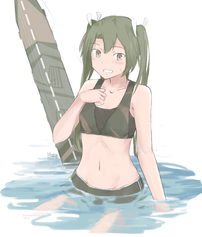 1girl, bikini, breasts, camouflage, collarbone, commentary_request, dark_green_hair, flight_deck
