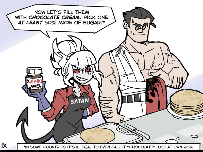 1boy, 1girl, bandages, belt, clothes_writing, demon_girl, demon_tail, food