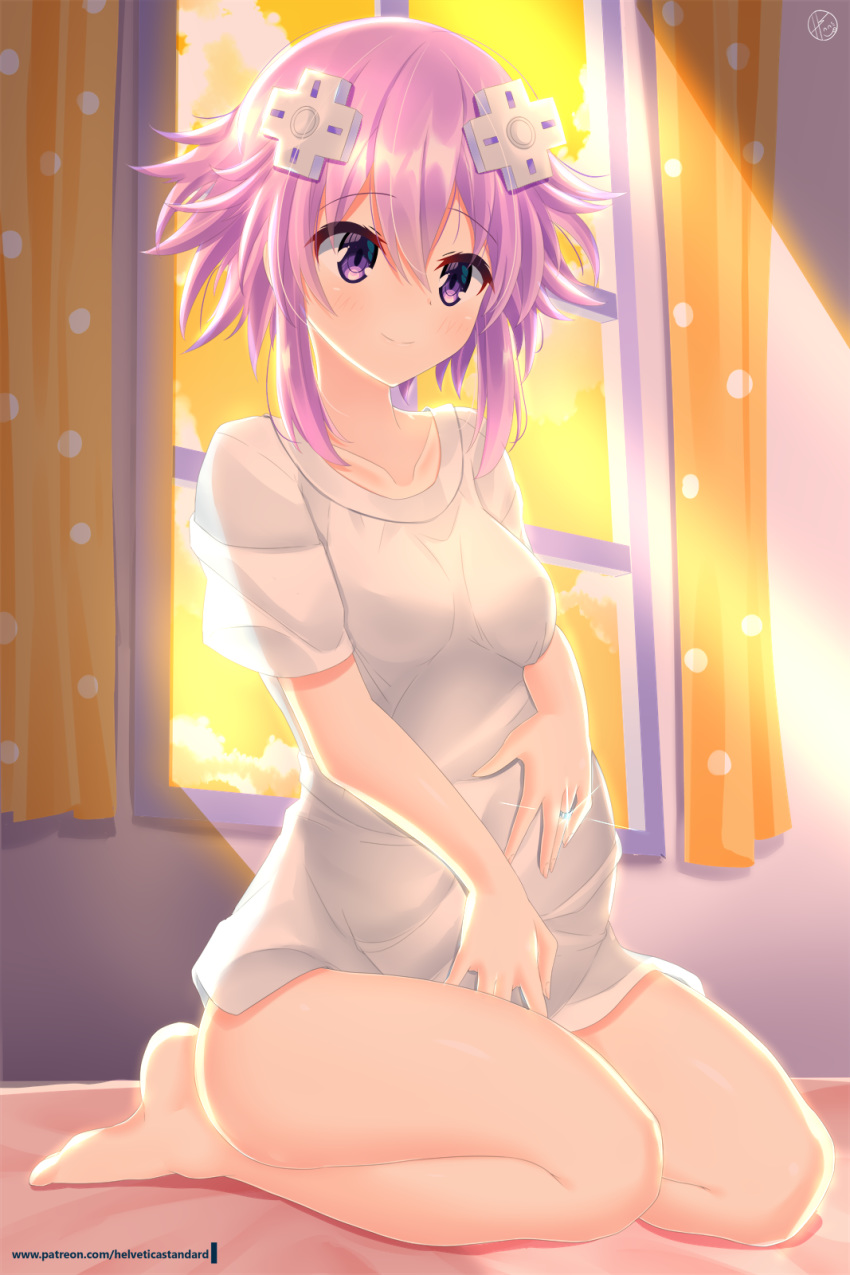 1girl, alternate_costume, bangs, bed_sheet, blush, breasts, collarbone, commentary_request
