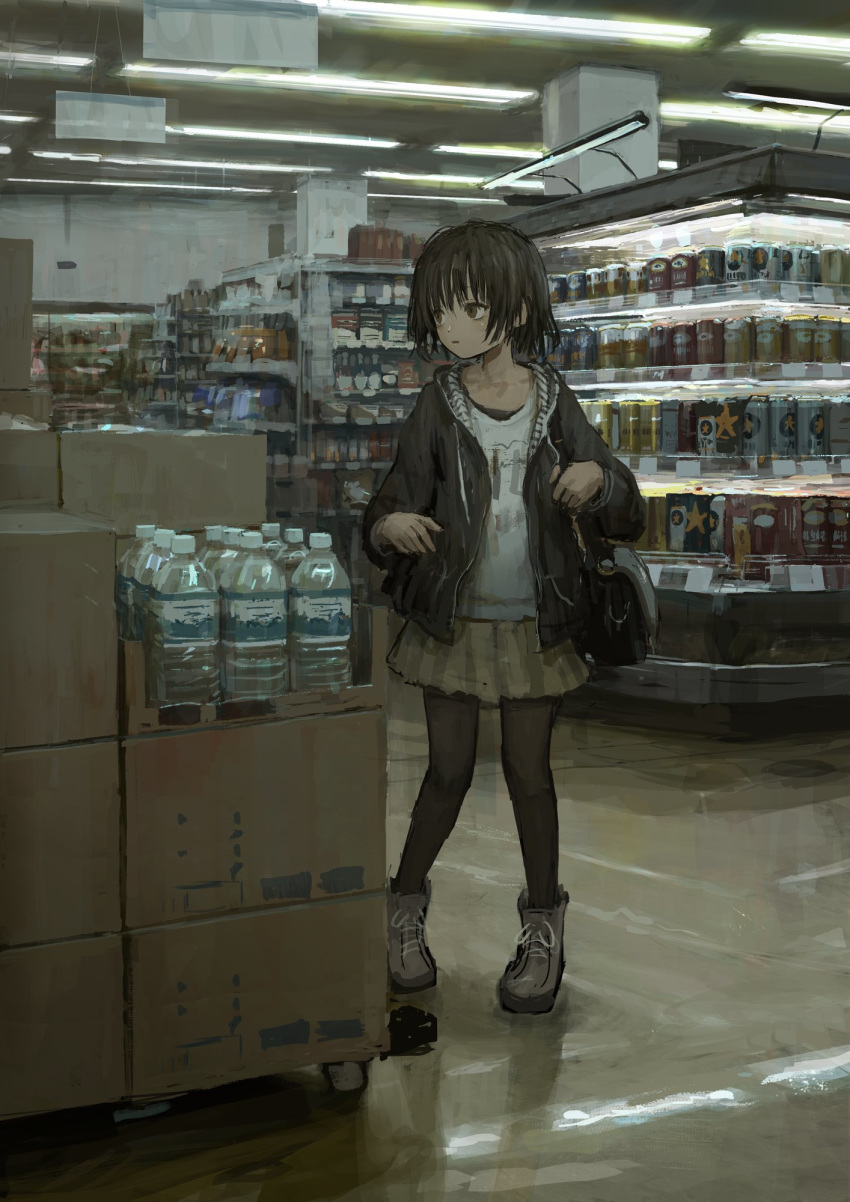 1girl, bag, bangs, beer_can, black_hair, black_jacket, black_legwear, boots