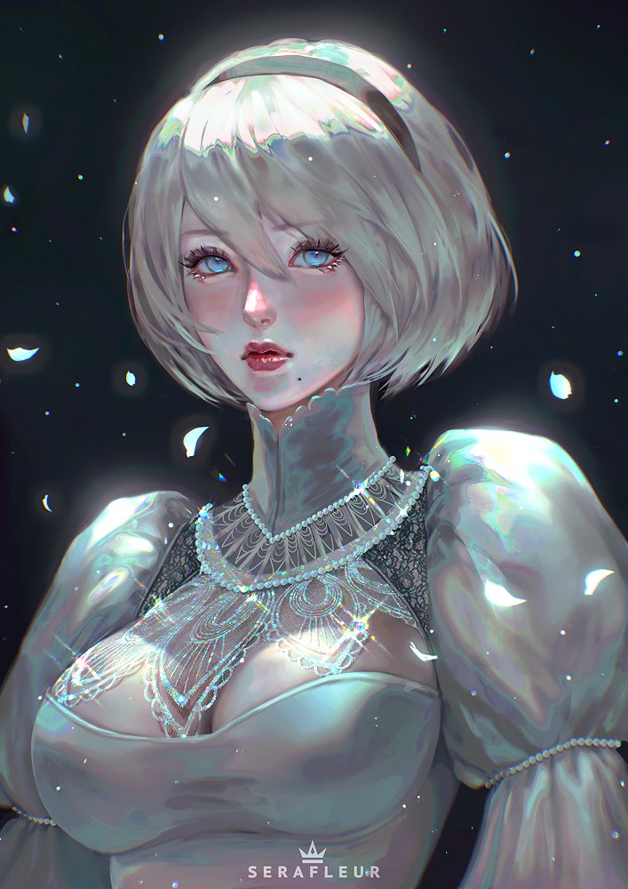 abigail_diaz, blue_eyes, breasts, headband, lipstick, makeup, mole, mole_under_mouth